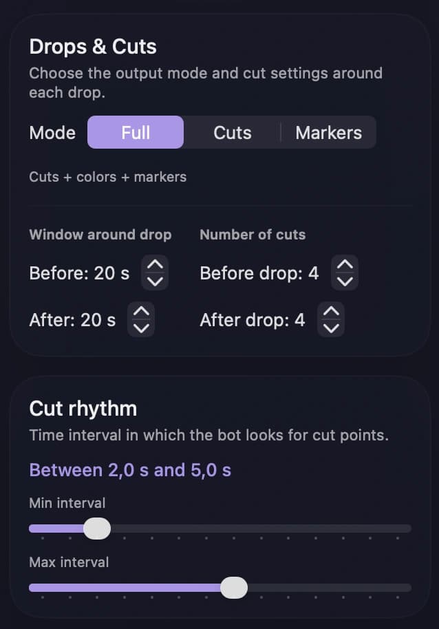 Dropfinder Drops & Cuts settings: mode, windows around drops, number of cuts and cut rhythm