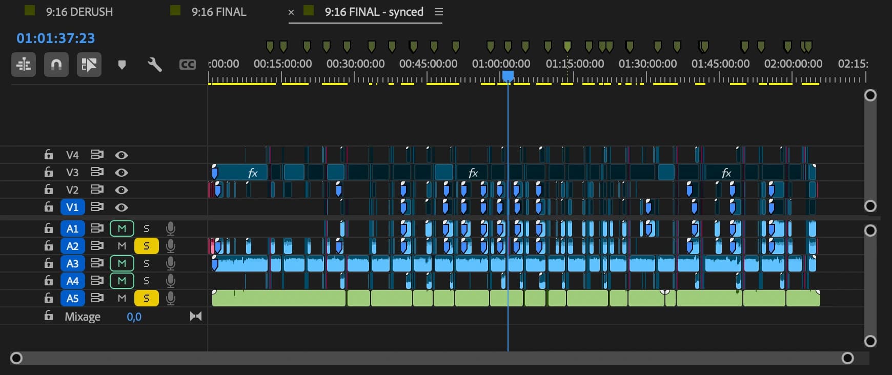 Premiere Pro timeline after XML import, with the generated multicam cuts and audio tracks