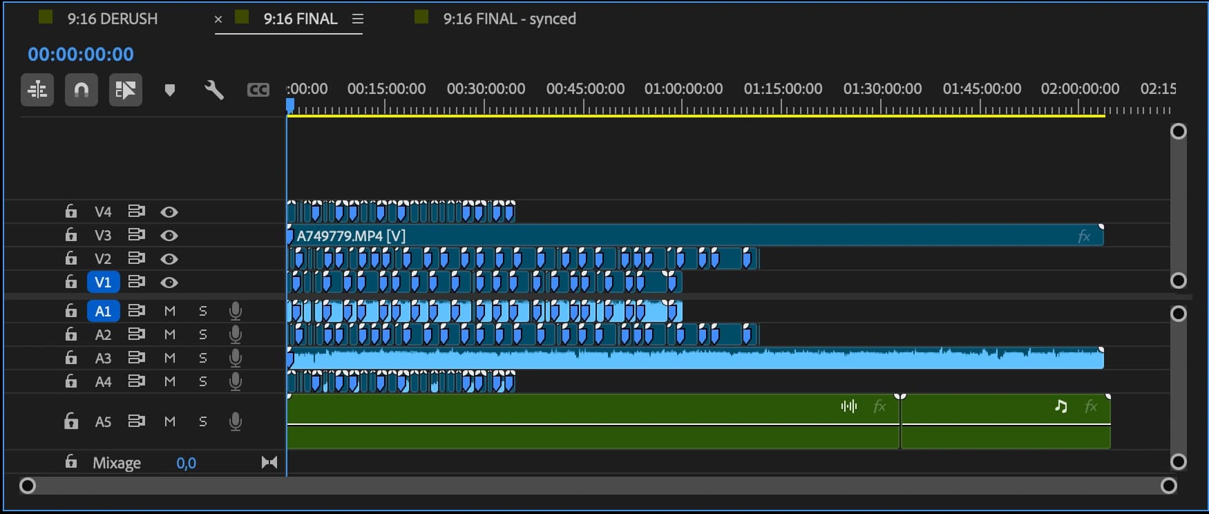 An unedited multicam sequence in Premiere Pro before export