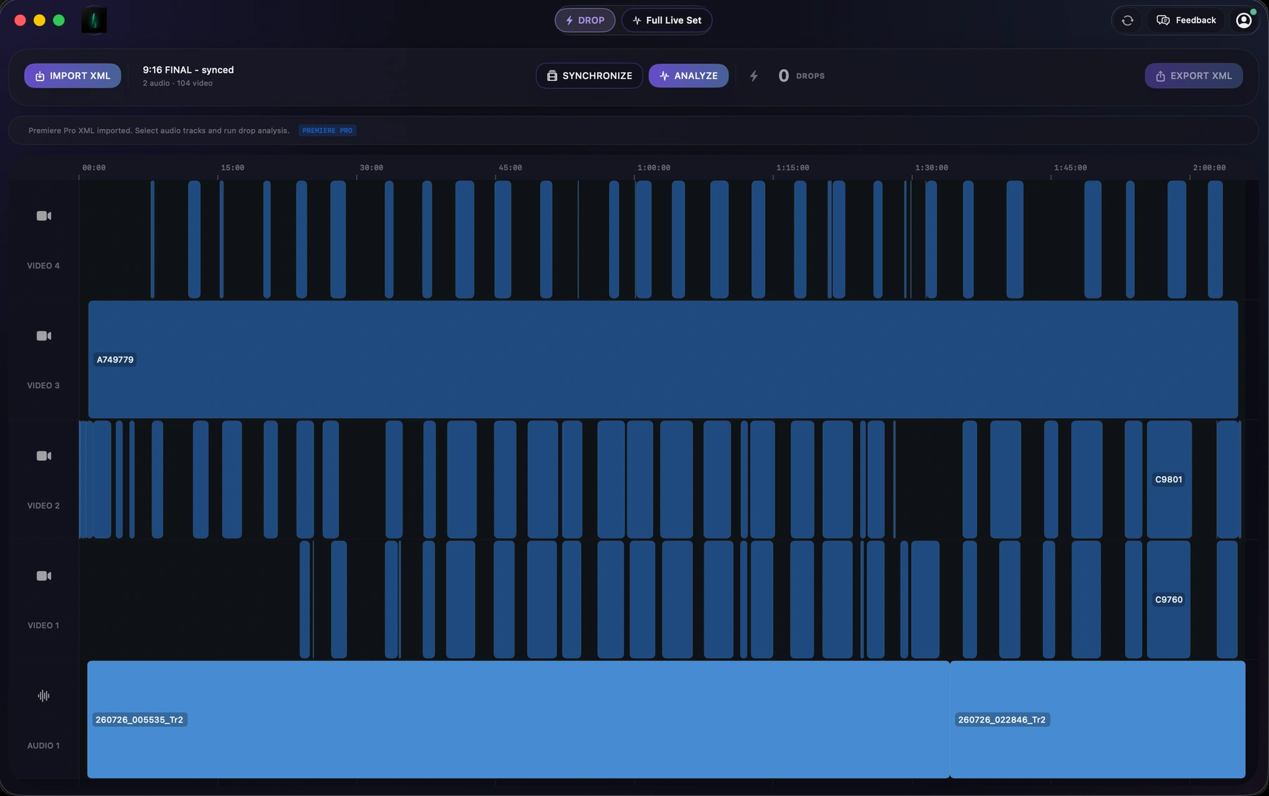 Synchronized camera tracks in Dropfinder before drop detection